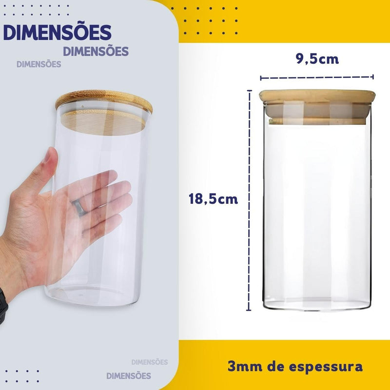 Kit 5 Potes de Vidro Herméticos com Tampa de Bambu para Mantimentos, Grãos, Café, Massas e Cereais - NYBC