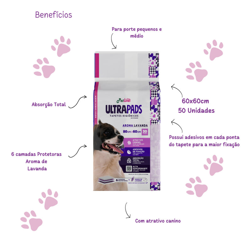 Petlike tapete higiênico para cães ultra pads lavanda 80cm x 60cm com 30 unidades