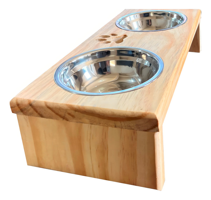 Comedouro P/ Gato Cachorro Pet Elevado Duplo 2 Potes Madeira Cor Marrom-claro