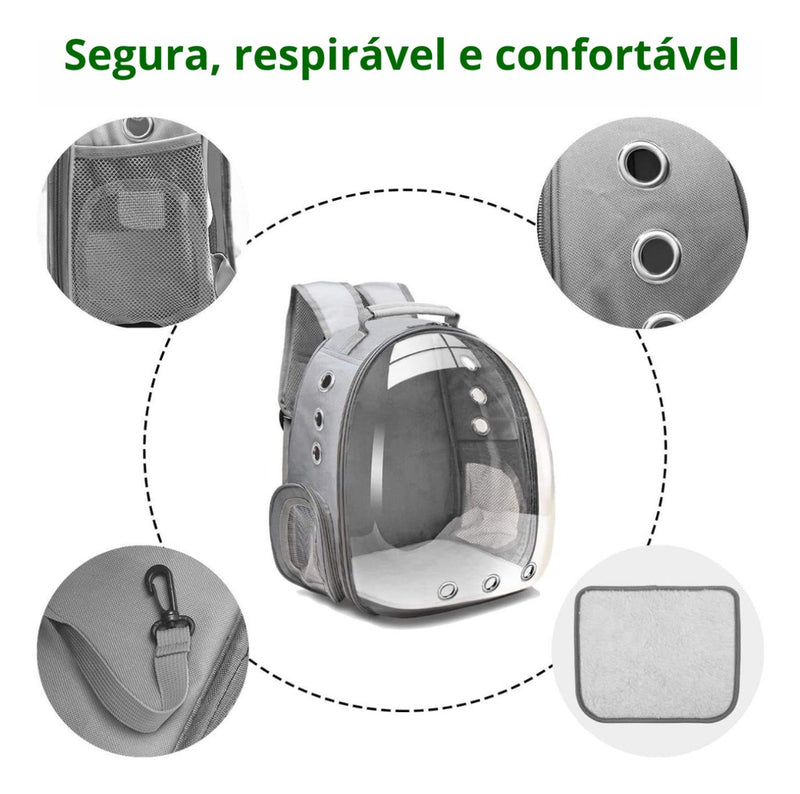 Mochila Para Carregar Gatos Com Capsula Bolha Transparente Cor Cinza