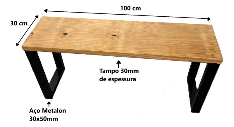 Banco Industrial Rústico Acento Madeira Maciça Pinus E Aço 100cm - Beauty Móveis