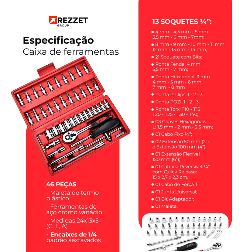 Jogo Combo Kit De Chave De Fenda Philips Soquete 46 Peças Aço Crv 1/4 Maleta Vermelho