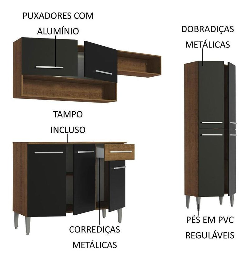 Armário de cozinha modulada completa compacta Emilly pop com armário e balcão cor rustic/preto GREM229002
