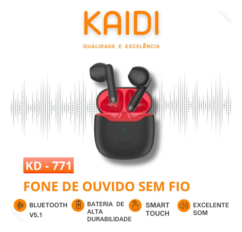 Fone Ouvido Sem Fio Bluetooth V5.1 Kaidi-771 True Wirelees Cor Preto