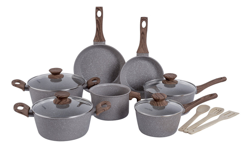 Jogo de panelas de cozinha Mimo Style Cook Fundo de Tripla Indução com 10 peças de alumínio marmol vanila