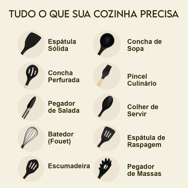 Kit Completo 12 Utensílios De Cozinha Silicone Cabo Madeira Alta Resistência Antiaderente Durável Design Moderno Ideal Para Cozinhar e Servir Com Segurança Ponte Lar Utilidades