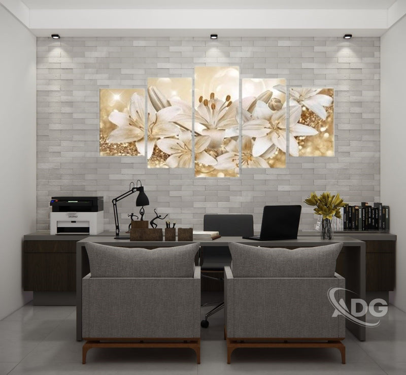 Quadros Flores Lirios Com Efeito Dourados Brilhantes 5 Peças
