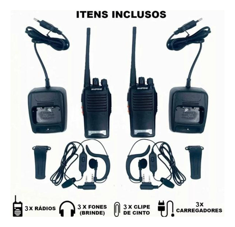 Kit 3 Radio Comunicador Walktalk 12km Segurança Profissional Cor Preto