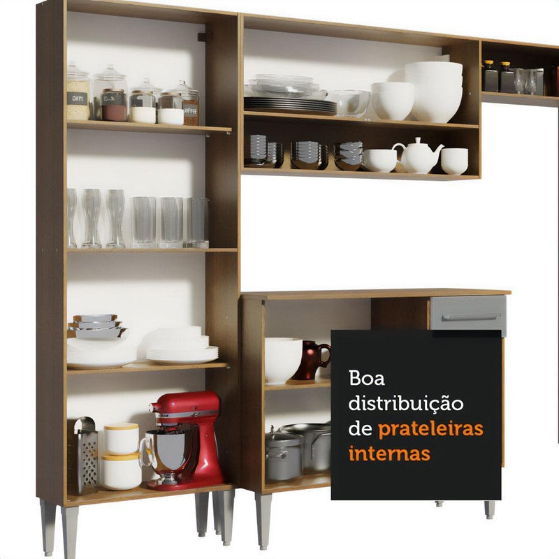 Armário de cozinha modulada completa compacta Emilly pop com armário e balcão cor rustic/preto GREM229002