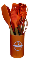 Kit Completo 12 Utensílios De Cozinha Silicone Cabo Madeira Alta Resistência Antiaderente Durável Design Moderno Ideal Para Cozinhar e Servir Com Segurança Ponte Lar Utilidades