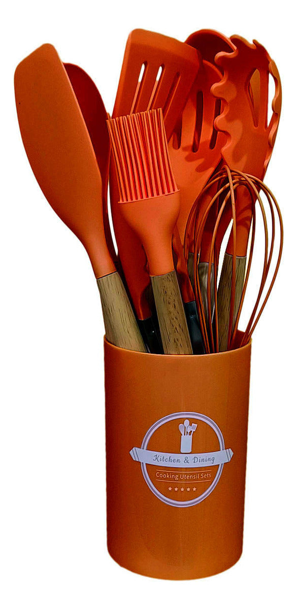 Kit Completo 12 Utensílios De Cozinha Silicone Cabo Madeira Alta Resistência Antiaderente Durável Design Moderno Ideal Para Cozinhar e Servir Com Segurança Ponte Lar Utilidades