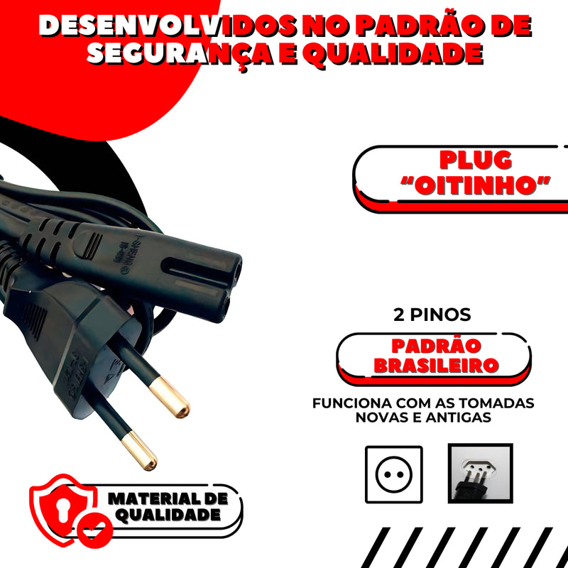 Cabo De Força 10a Bipolar Oitinho Para Impressoras, Fonte Notebook, Ps2, Ps3, Ps4, Ps5 - Gudeltec