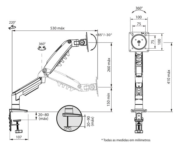 Suporte Articulado de Mesa F80N com Pistão a Gás para Monitores de 17'' a 35'' Preto ELG