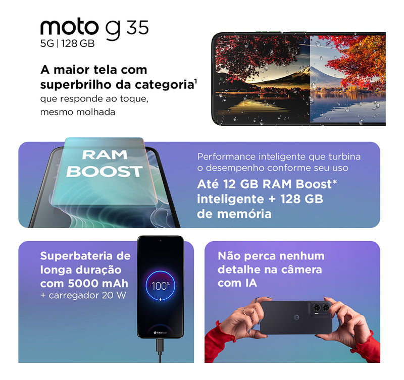 Smartphone Motorola Moto G35 5g - 128gb 12gb (4gb Ram+8gb Ram Boost) E Camera 50mp Com Ai Nfc Tela 6.7 Com Superbrilho - Grafite - Vegan Leather