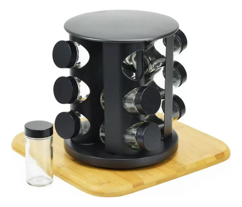 Porta Temperos E Condimentos Giratório Com 9 Potes De Vidro Cor Preto