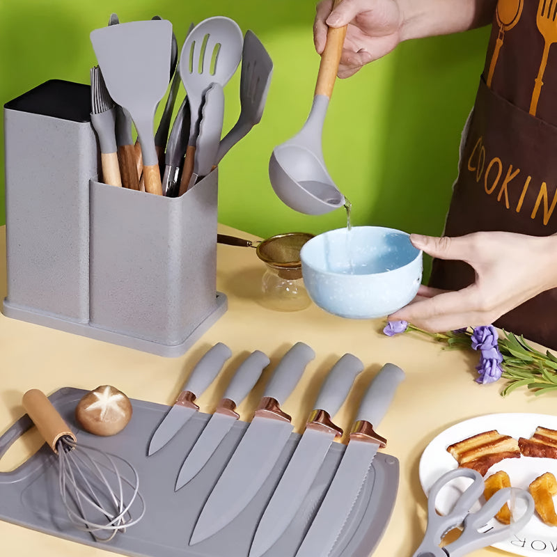 Kit Conjunto 19 Pçs De Utensílios Facas Silicone E Plástico