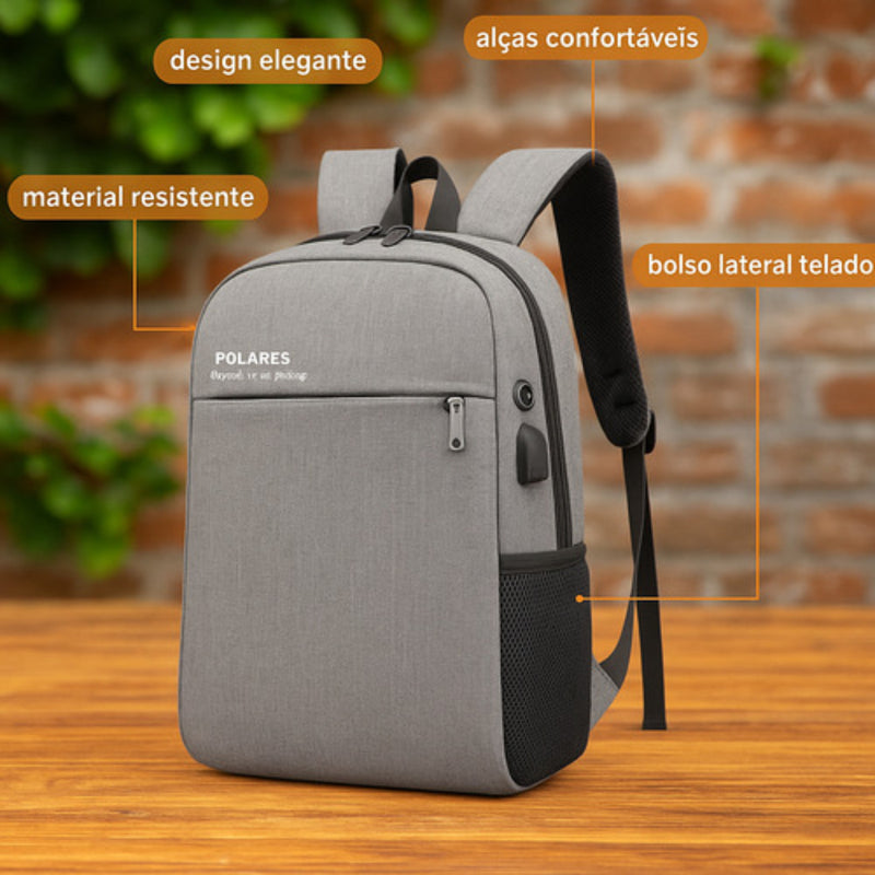 Mochila Anti Furto Polares Notebook Saída Cabo Aux Usb E Fone Ouvido Cor Preto