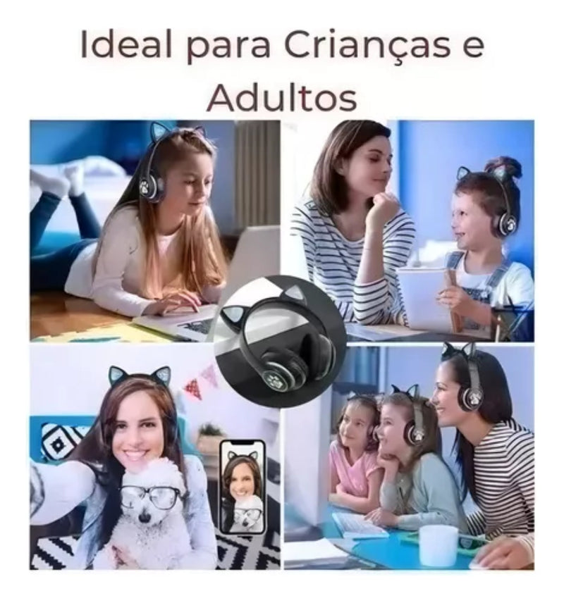 Fone Gatinho Sem Fio Com Led Bluetooth Infantil Meninas Gato