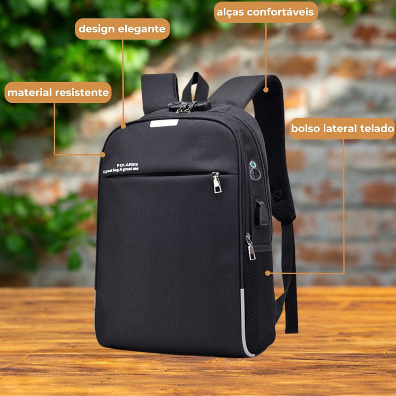 Mochila Anti Furto Polares Notebook Saída Cabo Aux Usb E Fone Ouvido Cor Preto