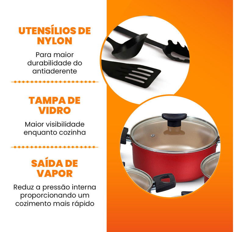 Conjunto Panelas Antiaderente 10 Peças Teflon Várias Cores