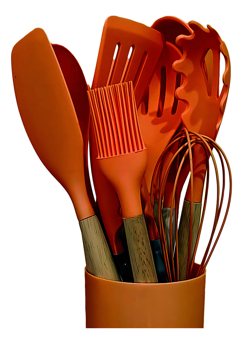 Kit Completo 12 Utensílios De Cozinha Silicone Cabo Madeira Alta Resistência Antiaderente Durável Design Moderno Ideal Para Cozinhar e Servir Com Segurança Ponte Lar Utilidades