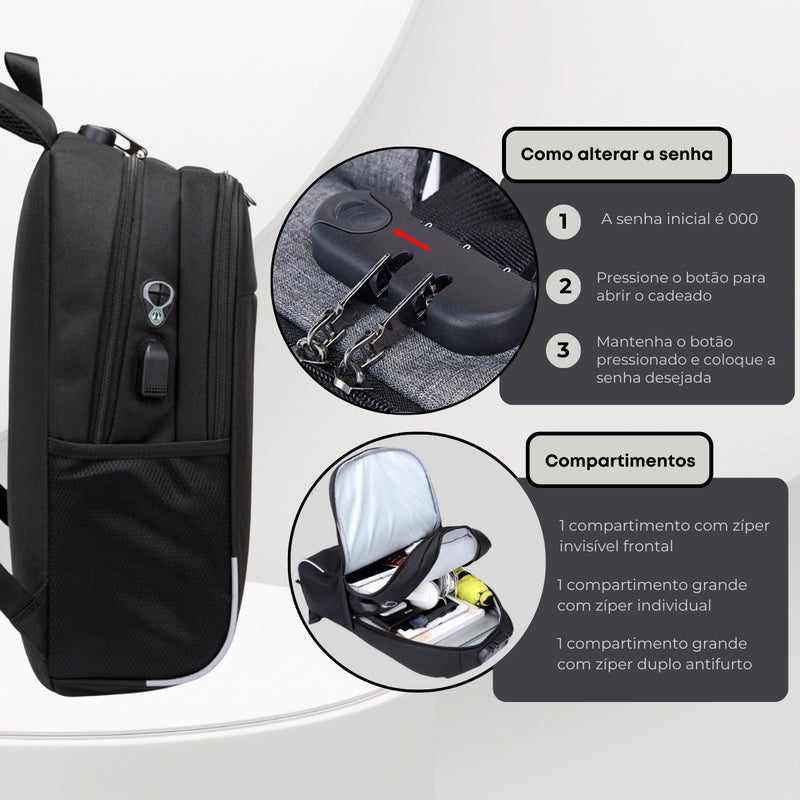 Mochila Anti Furto Polares Notebook Saída Cabo Aux Usb E Fone Ouvido Cor Preto