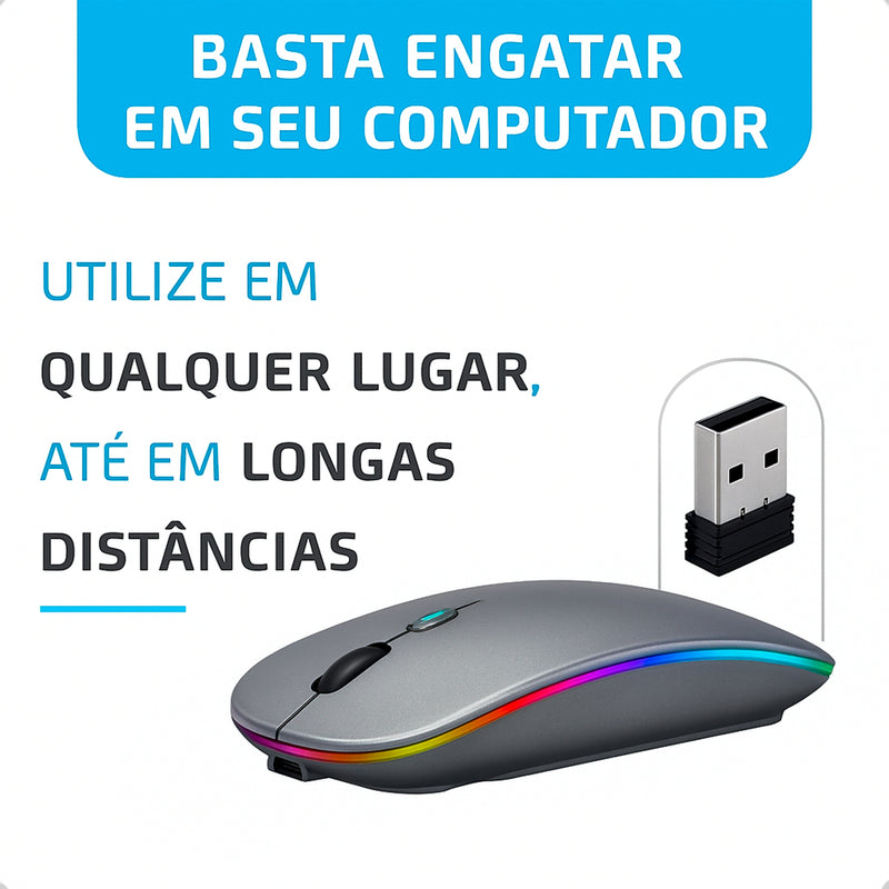 Mouse Sem Fio Recarregável Wireless Optico Led Rgb Ergonômico Sem Fio Para Pc Desktop Notebook Tablet Smartphone Davely Cinza