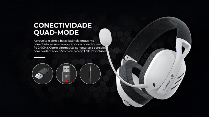 HAVIT Fone de Ouvido Headset Gamer FUXI-H3 Quad-Mode (com fio e sem fio, Wireless 2,4GHz, Bluetooth, Cabo USB-C, Cabo Auxiliar 3.5mm). Surround, Baixa Latência - Preto