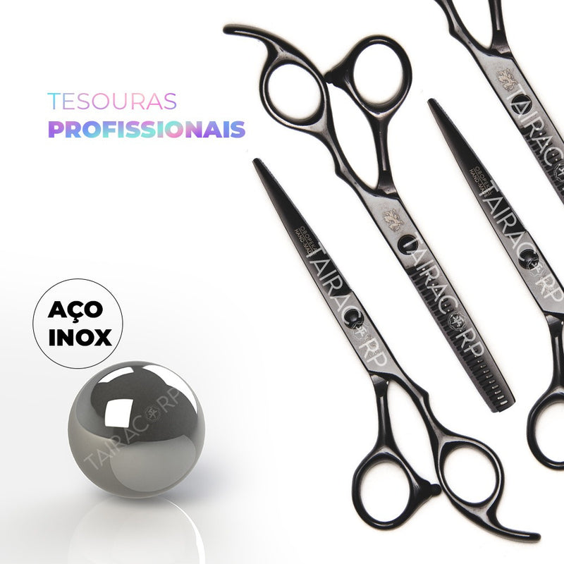 Kit 3 Tesouras Profissionais Navalha Cabeleireiro Barbeiro Cor Preto