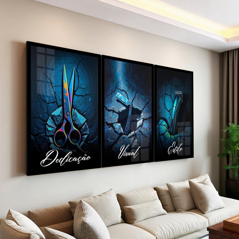 Quadro Grande Barbearia Dedicação Visual Estilo Moderno 3pçs