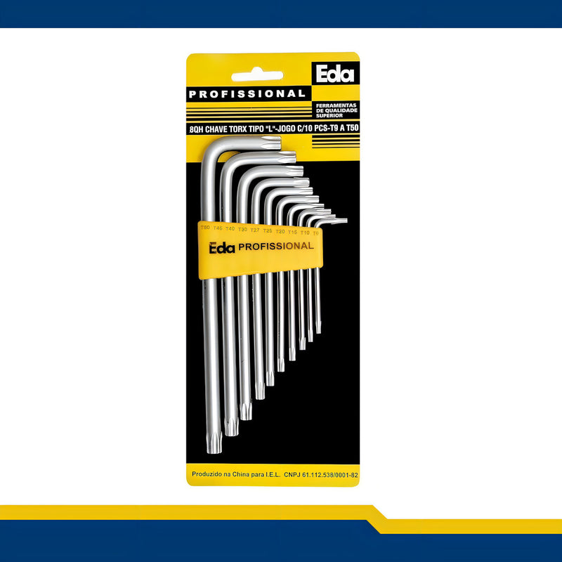 Chave Para Parafuso Torx Aço Tipo L 10 Peças T9 A T50 Eda Cor Amarelo