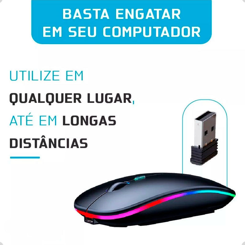 Mouse Sem Fio Recarregável Wireless Optico Led Rgb Ergonômico Sem Fio Para Pc Desktop Notebook Tablet Smartphone Davely Cinza