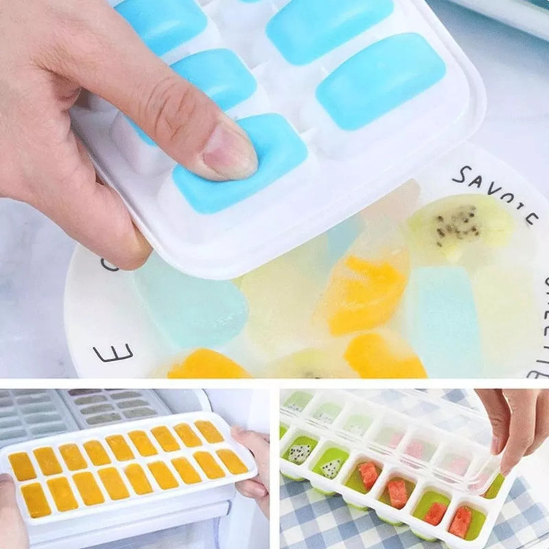 Kit 4 Forma De Gelo Fundo Silicone 14 Cubos Tampa Rígida