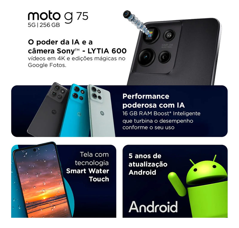 Smartphone Motorola Moto g75 5G - 256GB 16GB (8GB RAM+8GB Ram Boost) e 50MP Sony Lytia 600 Camera Moto AI Ultrarresistencia militar - Preto