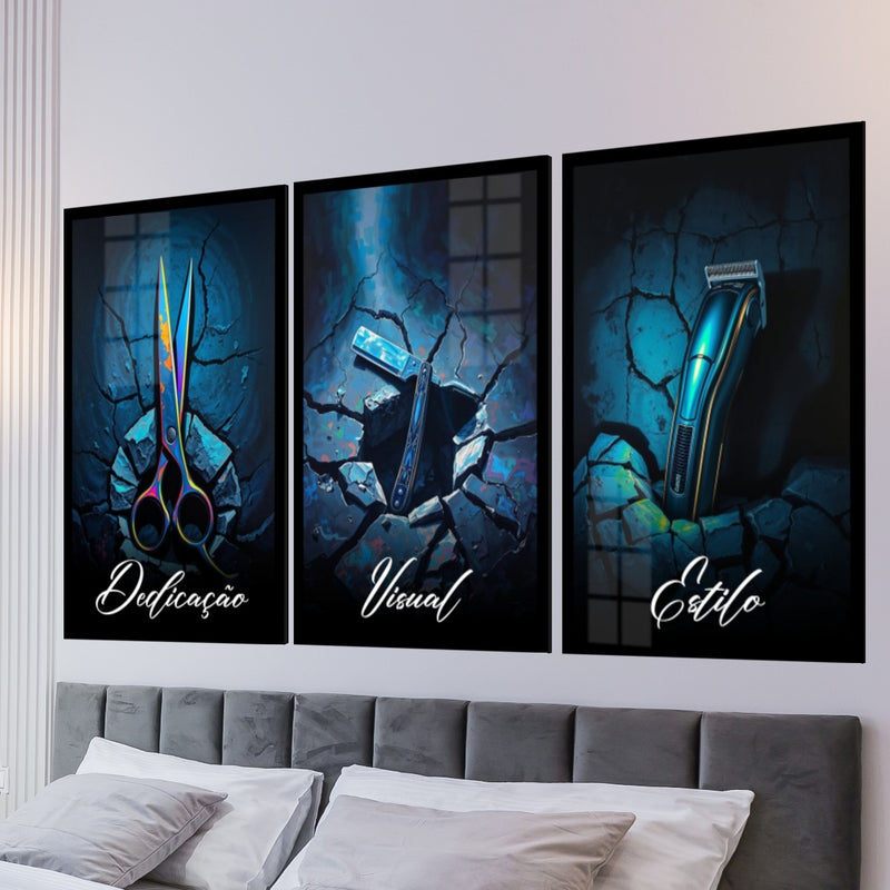 Quadro Grande Barbearia Dedicação Visual Estilo Moderno 3pçs