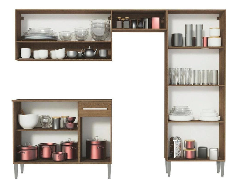 Armário de cozinha modulada completa compacta Emilly pop com armário e balcão cor rustic/preto GREM229002