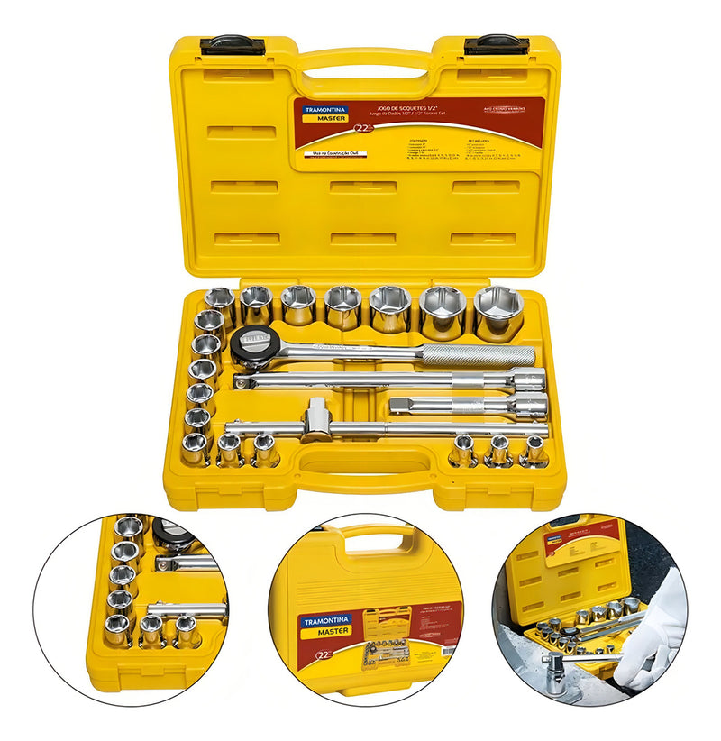 Jogo Soquete Sextavado 8-32mm Encaixe 1/2 22 Pc Tramontina