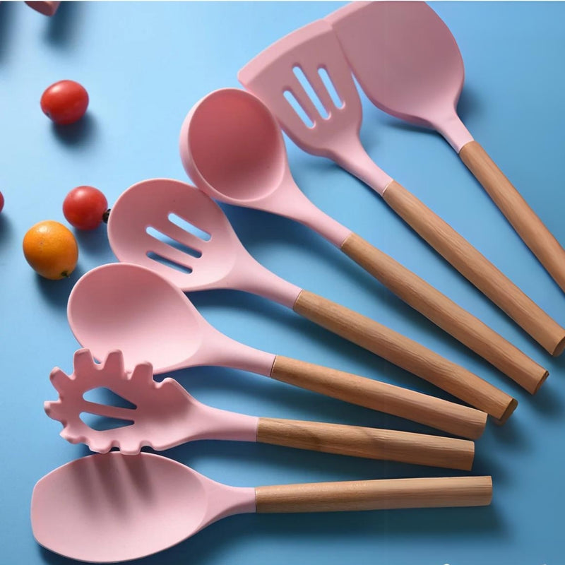 Kit Completo 12 Utensílios De Cozinha Silicone Cabo Madeira Alta Resistência Antiaderente Durável Design Moderno Ideal Para Cozinhar e Servir Com Segurança Ponte Lar Utilidades