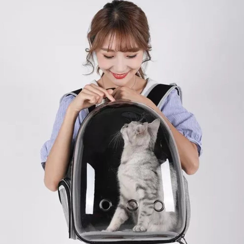Mochila Para Carregar Gatos Com Capsula Bolha Transparente Cor Cinza