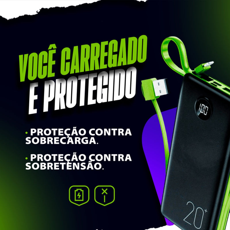 Power Bank 20.000 Mah Carregador Usb Portátil Com Cabo Carregamento Turbo Preto