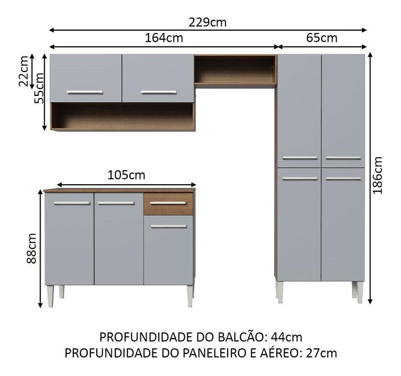 Armário de cozinha modulada completa compacta Emilly pop com armário e balcão cor rustic/preto GREM229002