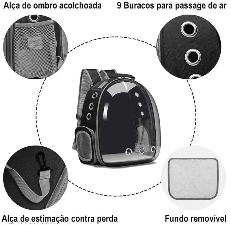 Mochila Pet visão panorâmica inteligente segurança ventilação cor preto com conforto premium