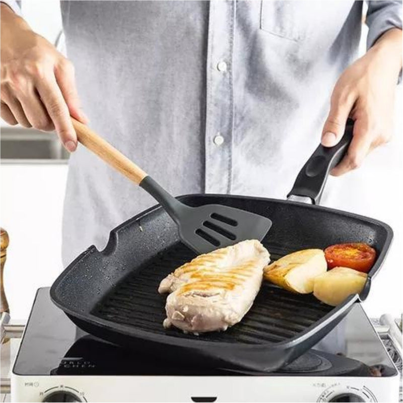 Kit Completo 12 Utensílios De Cozinha Silicone Cabo Madeira Alta Resistência Antiaderente Durável Design Moderno Ideal Para Cozinhar e Servir Com Segurança Ponte Lar Utilidades