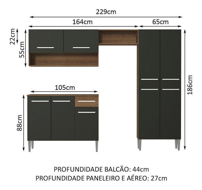 Armário de cozinha modulada completa compacta Emilly pop com armário e balcão cor rustic/preto GREM229002
