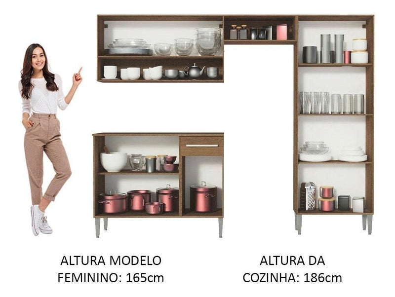 Armário de cozinha modulada completa compacta Emilly pop com armário e balcão cor rustic/preto GREM229002