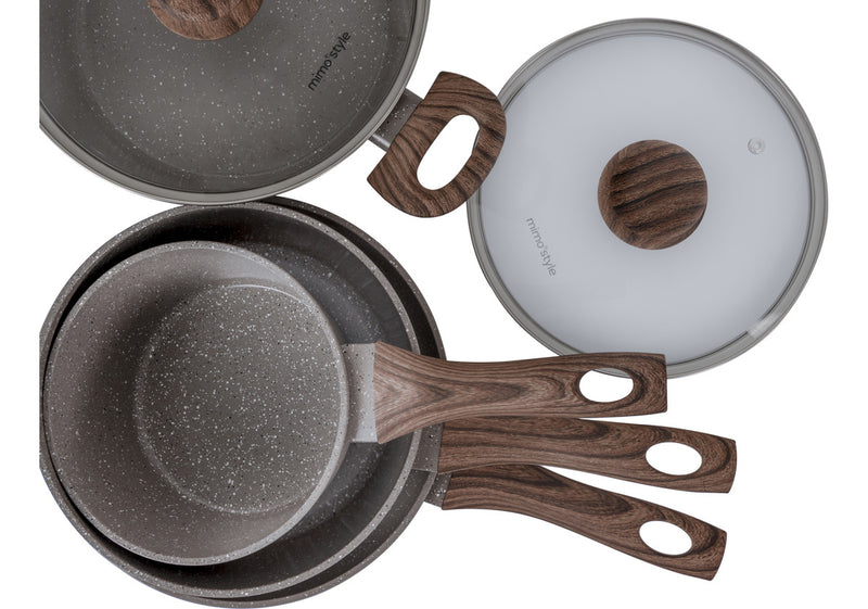 Jogo de panelas de cozinha Mimo Style Cook Fundo de Tripla Indução com 10 peças de alumínio marmol vanila