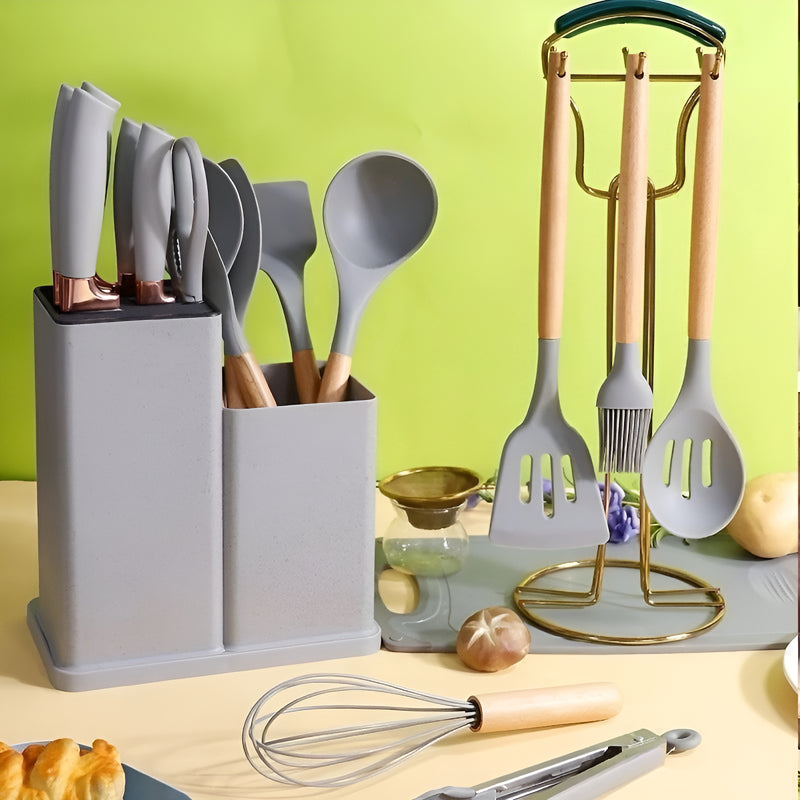 Kit Conjunto 19 Pçs De Utensílios Facas Silicone E Plástico