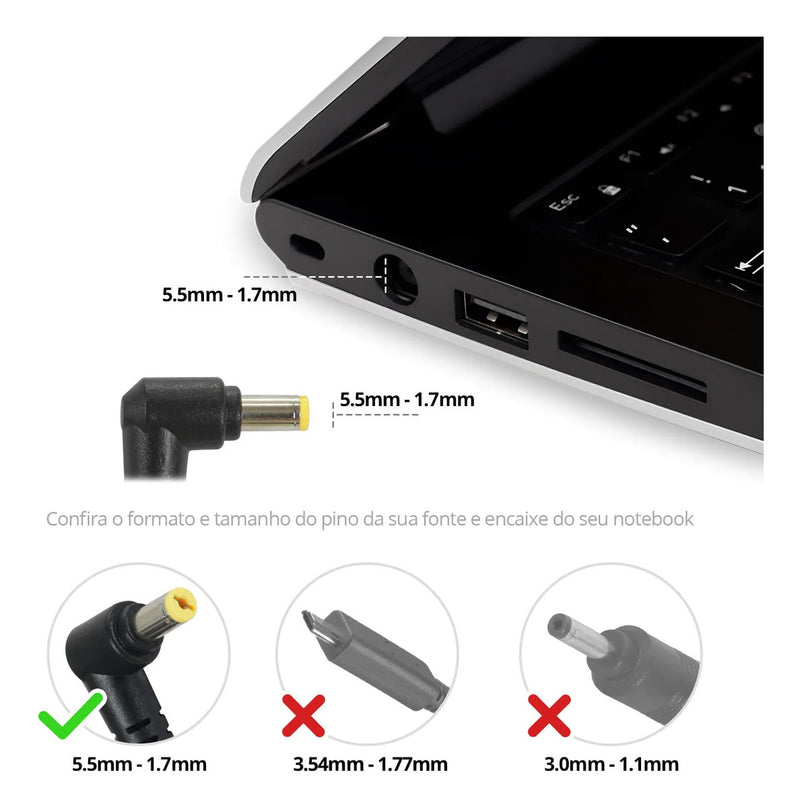 Fonte Carregador Notebook Acer 19v 3.42a 65w Cor Preto