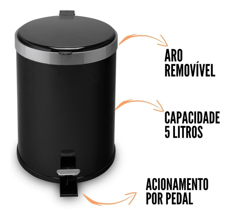 Lixeira Banheiro Pedal 5 Litros Plástico Cesto Escritório Cor Preto