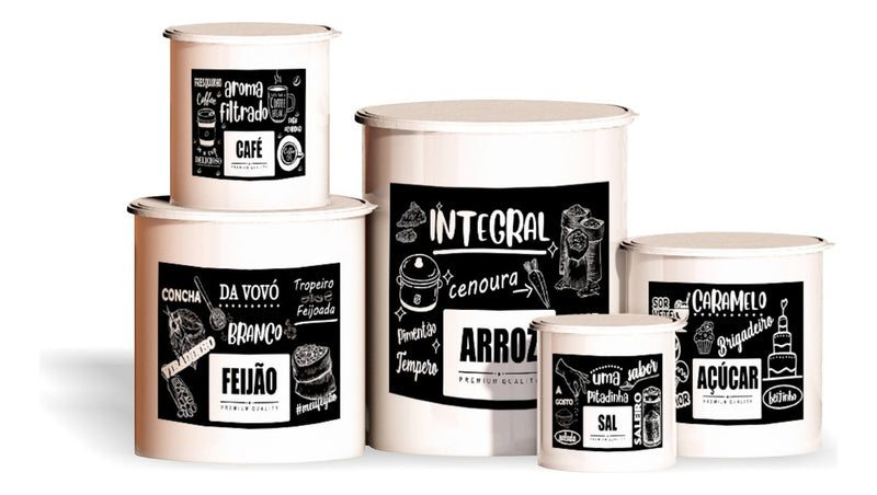 Kit 5 Potes De Mantimentos Plástico Decorado Preto Frases